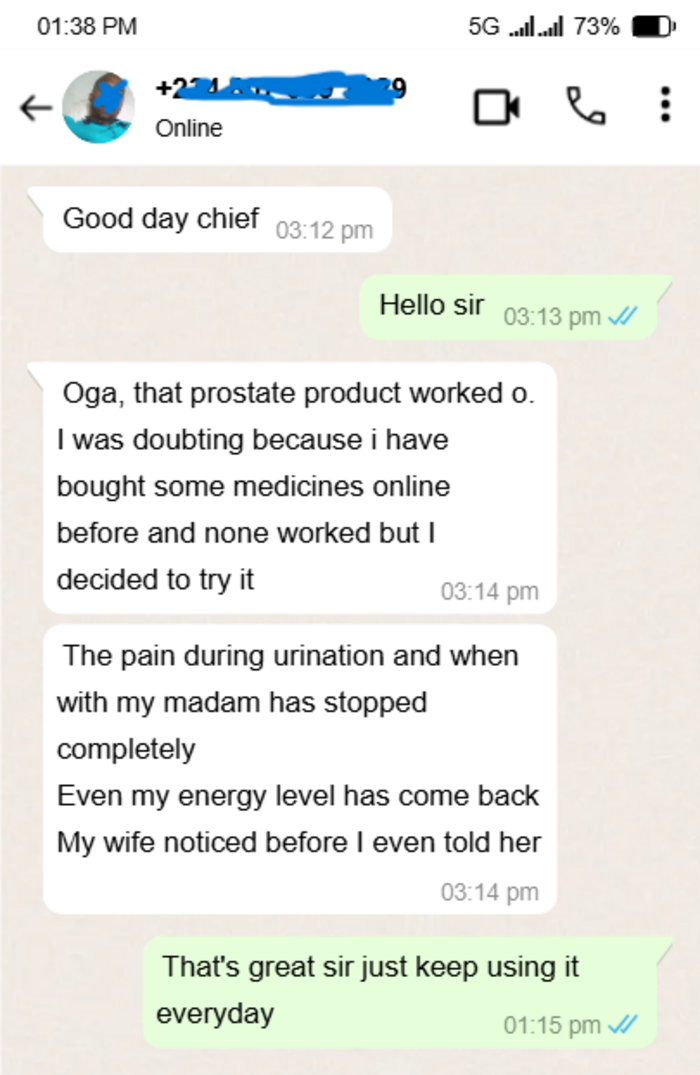 WhatsApp conversation: customer says the prostate product worked, pain and low energy resolved