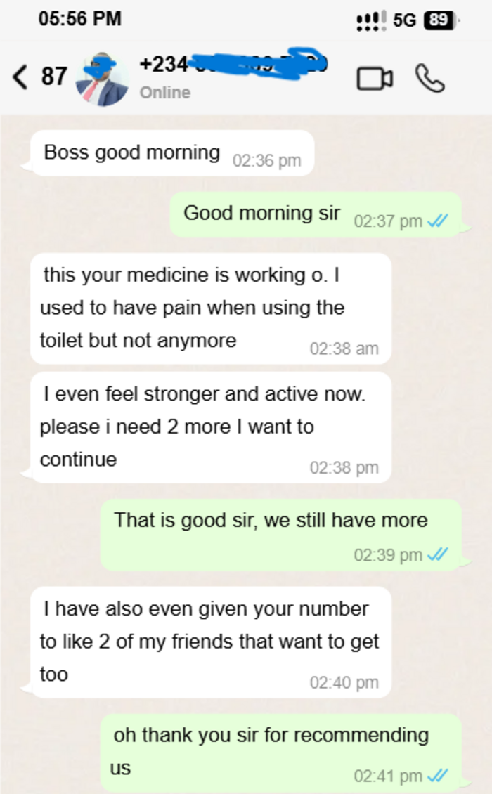 WhatsApp conversation: customer says the medicine worked, pain during urination stopped, ordered more