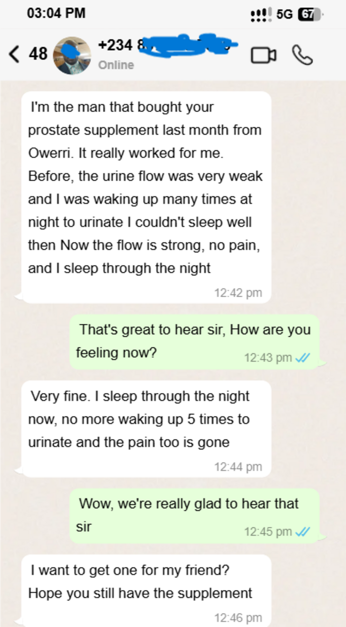 WhatsApp conversation: customer from Owerri says urine flow improved, sleeps through the night, wants more for a friend